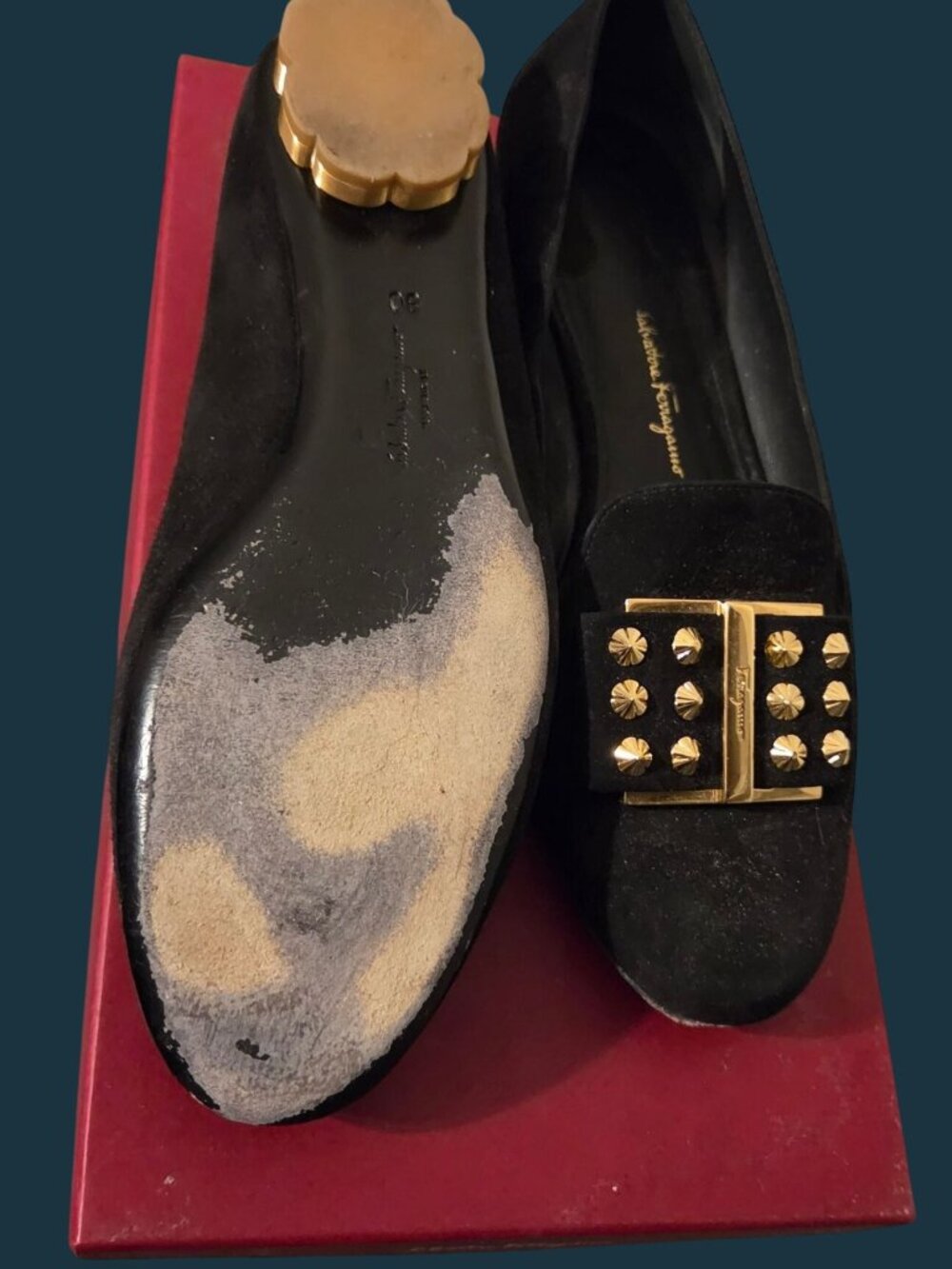 Salvatore Ferragamo Sarno Studded Loafers Black Suede Sz 8C - W/ Original Box - Picture 7 of 16